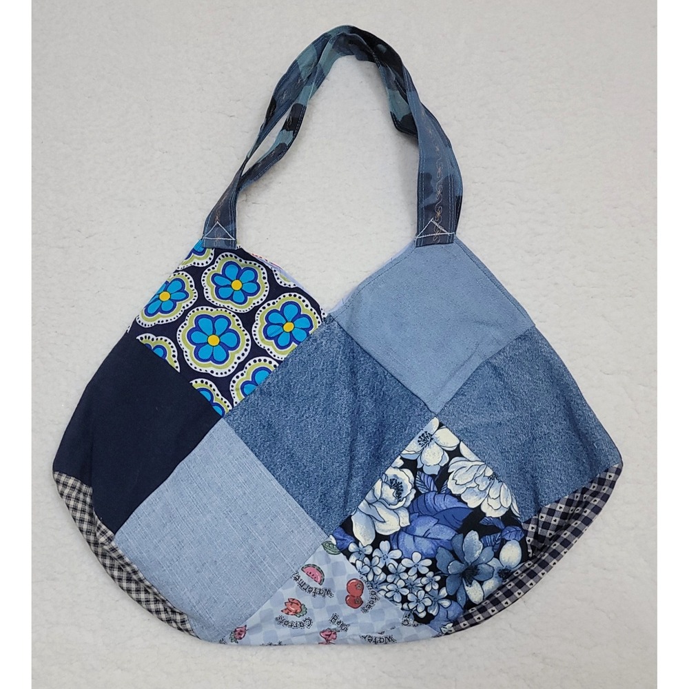Handmade Patchwork Denim Hobo Bag Womens Large Blue Multi Upcycled Boho Tote - Picture 3 of 6